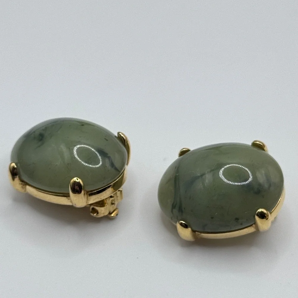 Joan Rivers Earrings Green Acrylic Cabochon Gold Tone Clip On